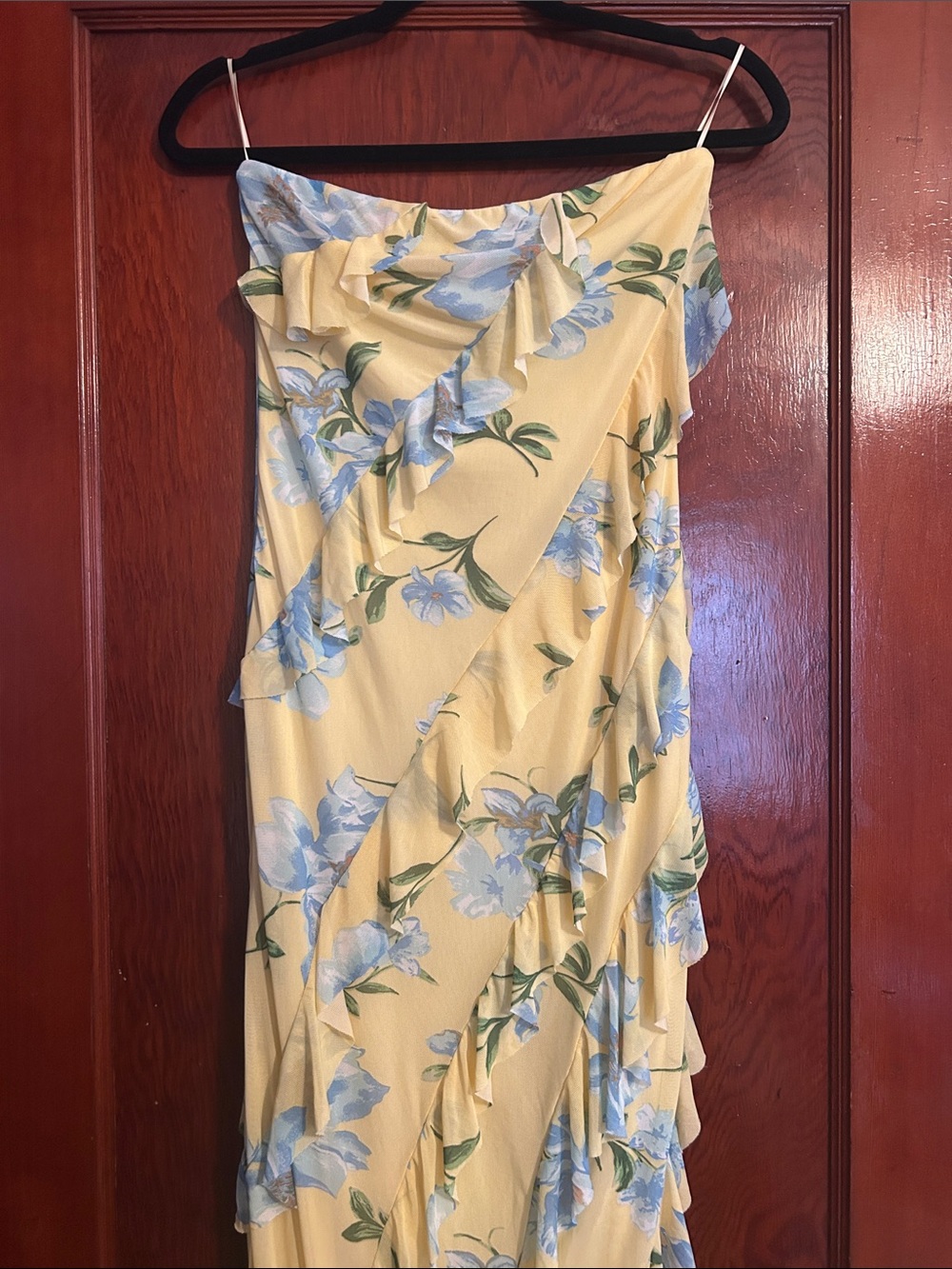 Sincerely Jules Yellow Strapless Maxi Dress with Blue Floral Print
